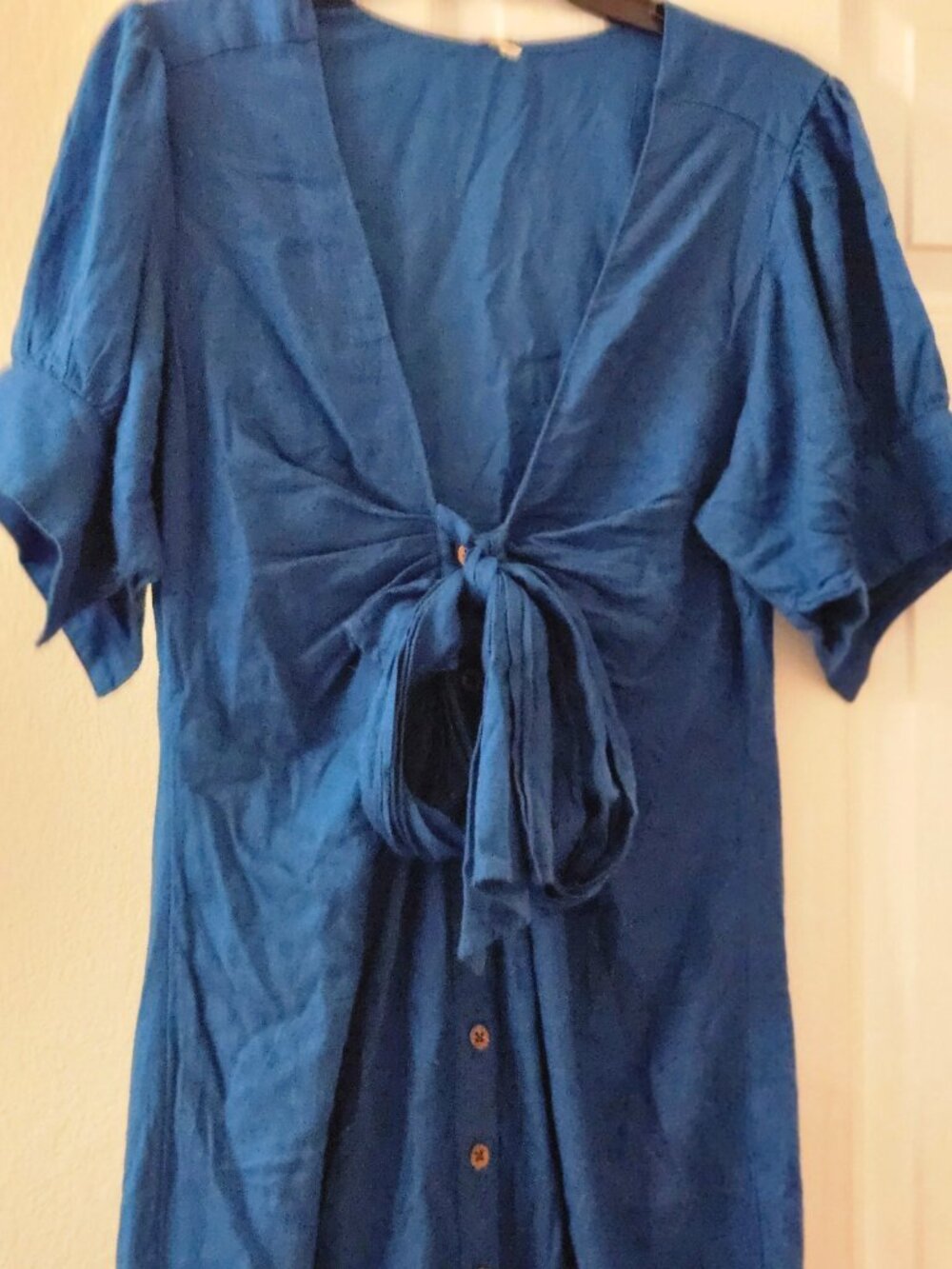 Free People boho Cottagecore linen maxi button down puff sleeve teal dress M - Picture 6 of 8